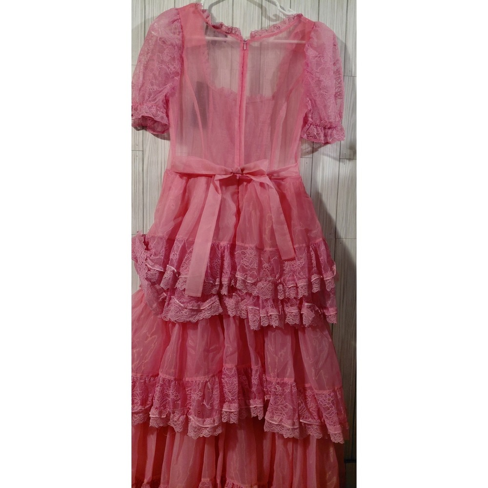 Dolls Kill Sugar Thrillz Pink Sheer Organza Tiered Lace Ruffle Maxi Dress NEW XS - Picture 10 of 13